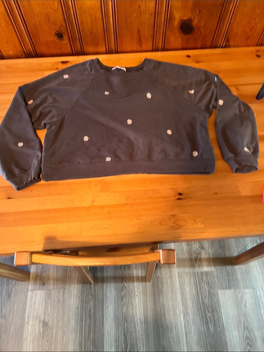 Rebellious One Charcoal Gray Crewneck Sweatshirt with White Polka Embroidery